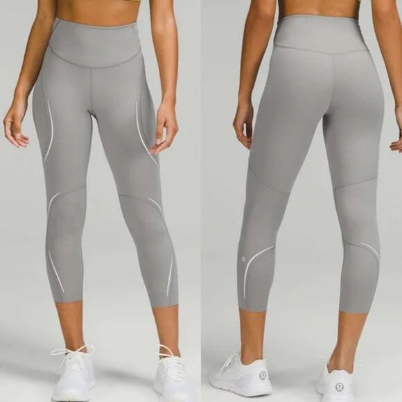 LULULEMON Base Pace High-Rise Reflective Crop 23" Gull Grey Size 12 Athletic Run - Picture 1 of 9